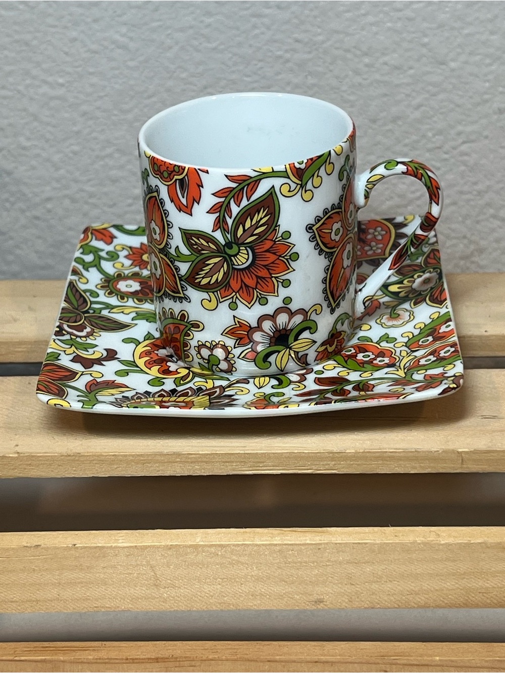 EUC Brightly Colored Floral Demitasse Espresso Cup & Square Saucer Set